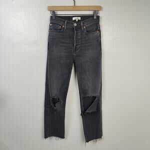 Re/Done Originals 70s Stove Pipe Jeans Womens 25 Faded Coal With Rips Button Fly